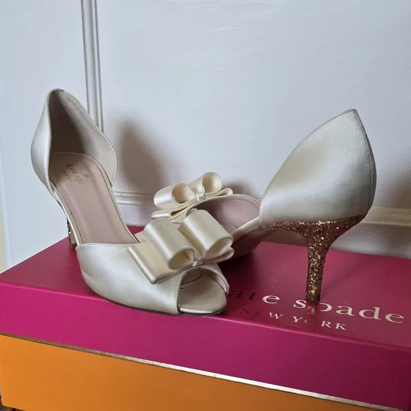 Kate Spade Cream Peep-Toe Heels with Bow - Picture 3 of 4